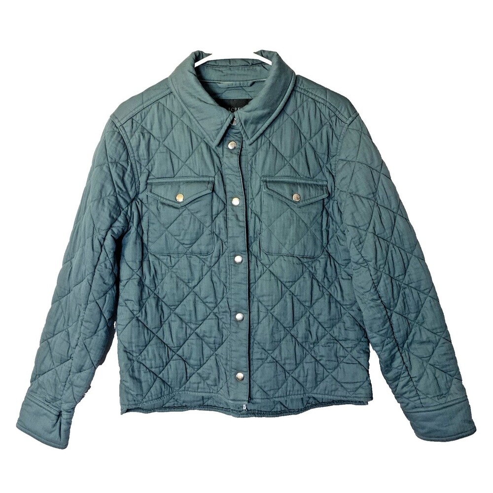 J. Crew Women's M Quilted Shirt Jacket Green Primaloft 100% Cotton Snap Buttons